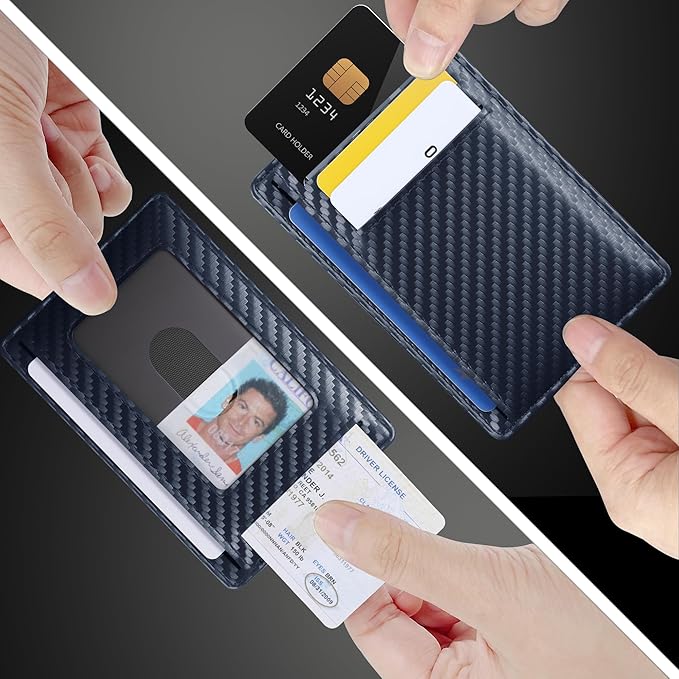 Travelambo Front Pocket Minimalist Leather Slim Wallet RFID Blocking Carbon Fiber Texture