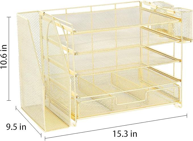 OPNICE Desk Organizer, 5-Tier Paper File Organizer with Drawer & Pen Holder, Office Desk Accessories, Workspace Desktop Organizer for Office Supplies(Gold)