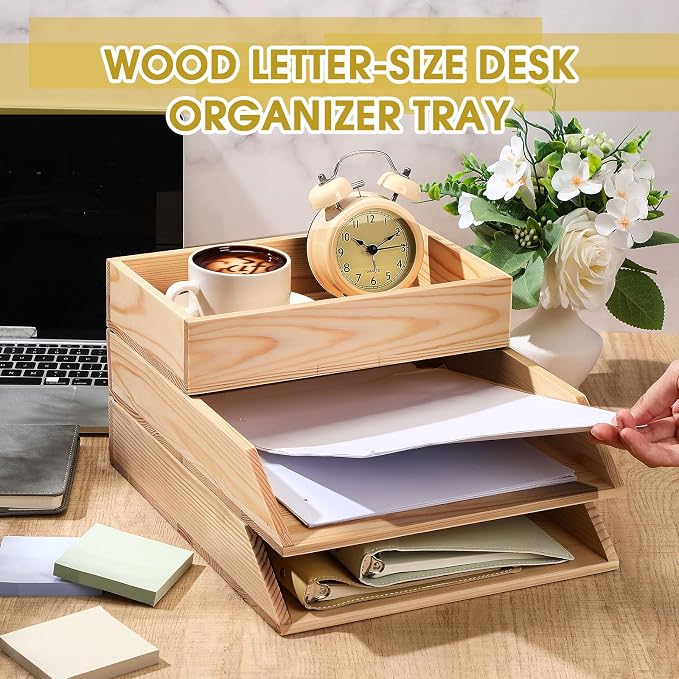 Beeveer 3 Pcs Wooden Letter Tray Stackable Document Desk Letter Tray 3 Layer Desktop Paper Organizer Heavy Duty 3 Tier Support Tabletop Inbox Drawer File Folder Back to School Office Home(Light Brown)