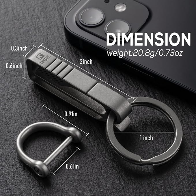 FEGVE Titanium Key Belt Clip with Key Ring, Belt Key Holder Key Chain Clip Black Keychain for Men
