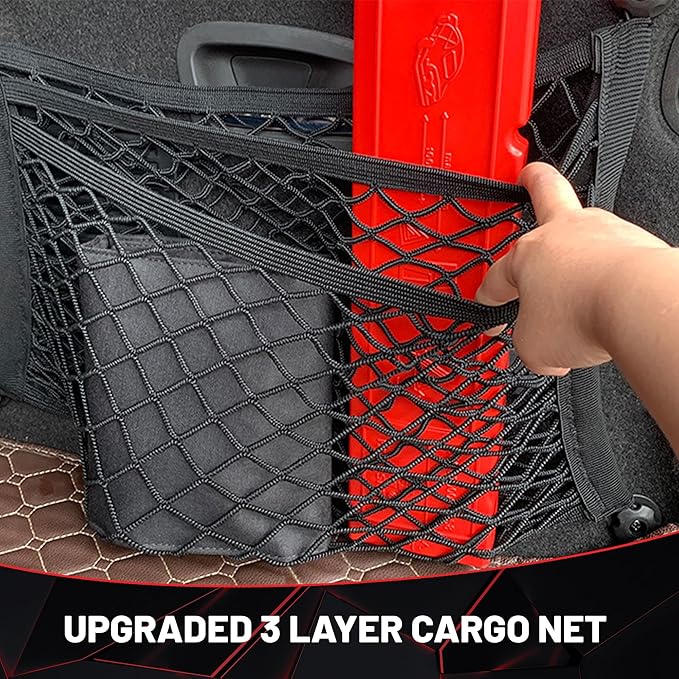 RED WOLF 3 Layer Small Cargo Net 17.7" x 9.8" Elastic Stretchable Bungee Nets Storage Mesh Pocket Organizer Mounting w/8 Screw and Built-in Hooks for SUV Truck Camper Accessories