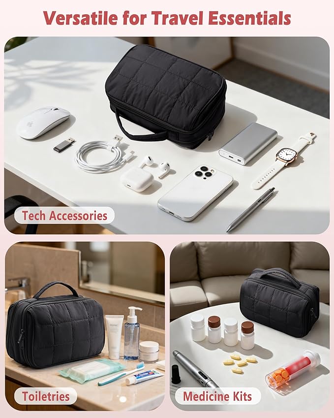 Marscamd Travel Makeup Bag for Women, Puffy Cosmetics Organizer with Waterproof Pockets, Toiletry Pouch for Makeup Brushes, Skincare & Travel Essentials, Black (Bag Only)