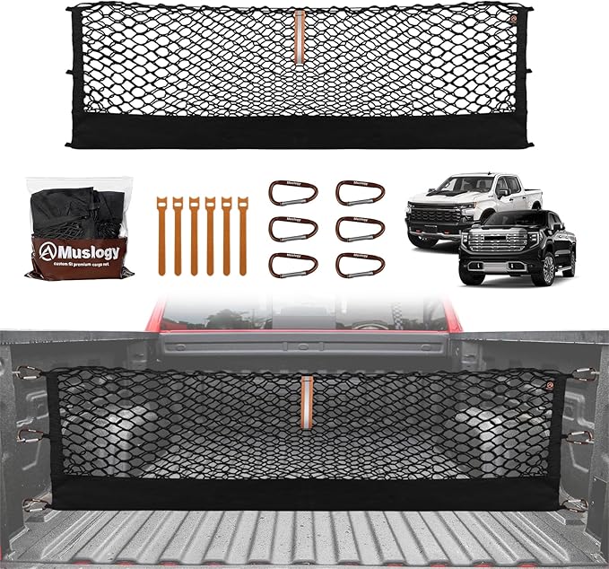 Muslogy Truck Bed Cargo Net Trunk Netting Compatible with 2013-2026 Chevy Silverado & GMC Sierra 1500/2500HD/3500HD Accessories, Pickup Cargo Organizer SUV Sedan Storage Net w/Heavy Duty Carabiners