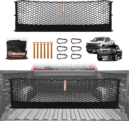 Muslogy Truck Bed Cargo Net Trunk Netting Compatible with 2013-2026 Chevy Silverado & GMC Sierra 1500/2500HD/3500HD Accessories, Pickup Cargo Organizer SUV Sedan Storage Net w/Heavy Duty Carabiners