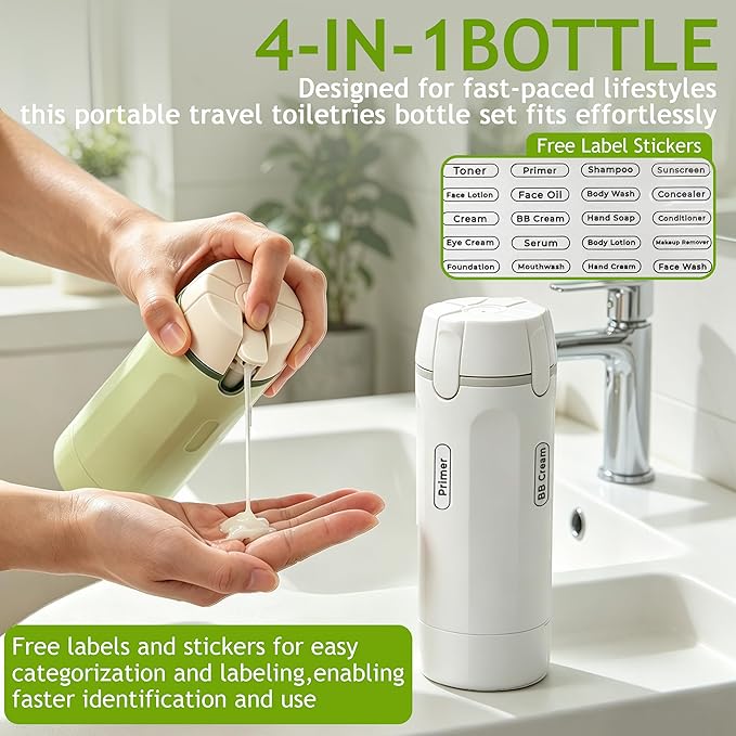 4 in 1 Travel Dispenser Bottle, 4 Pack 30ml Portable Leakproof Rotatable Travel Dispenser Set with Label, Suitable for Storing Shower Gel, Shampoo, Laundry Detergent, for Travel, Camping (White)