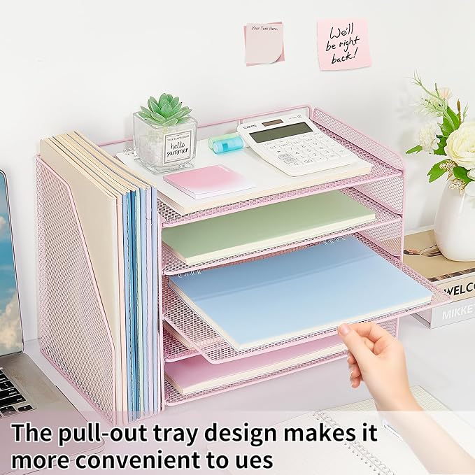 OPNICE Desk Organizer, 5-Tier Paper Organizer Letter Tray with Magazine Holder, Office Desk Accessories & Workspace Organizers, Desktop File Organizer for Office Supplies Storage, Pink