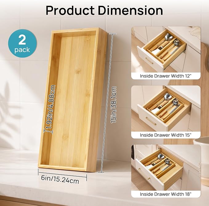 Vtopmart Bamboo Drawer Organizer Boxes - Set of 2 Multi-purpose Wooden Storage Dividers for Kitchen, Bathroom, Office, Desk, Makeup, Jewelry & More, Non-Slip Junk Drawer Organizer Trays for Storage