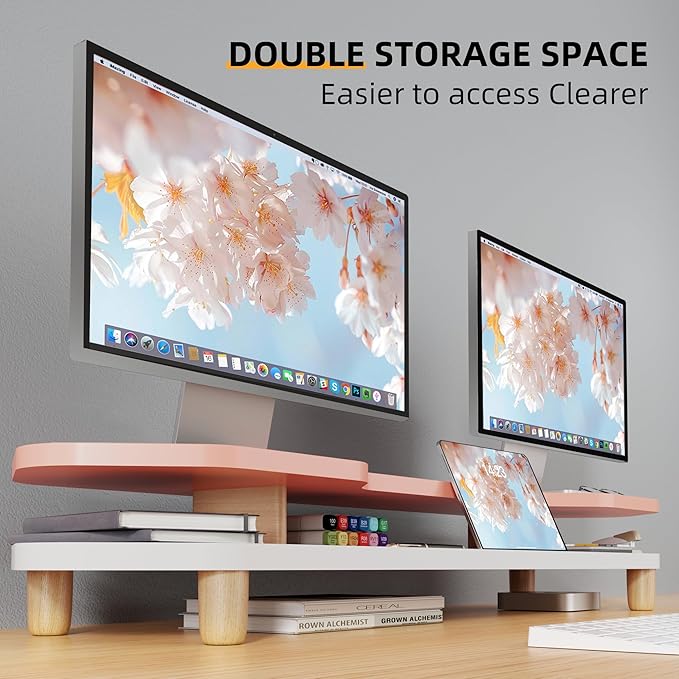 AFOOYO 2 Tier Dual Monitor Stand Riser,Wider Board Computer Monitor Stand for 2 Monitors,Slot For Phone/Tablet Office Desktop Organizer for Laptop,PC,Computer,Printer,Pink