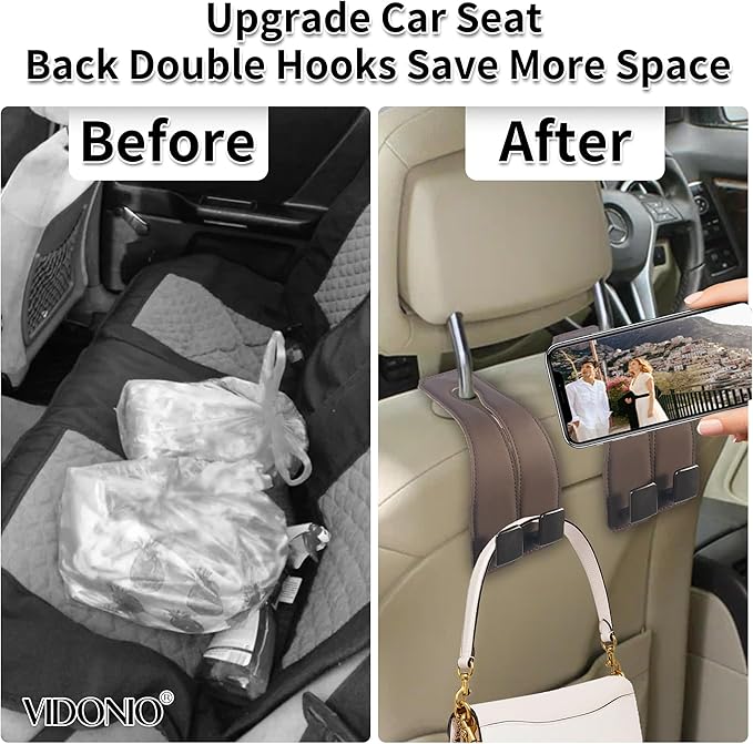 vidonio 2 Pack Double Car Seat Hooks for Headrest, Rotatable Purse Holder for Car,Premium Leather Car Hooks for Purses and Bags, Headrest Hooks and Storage Accessories (Brown)