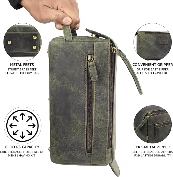 LEATHER VILLAGE Genuine Leather Travel Toiletry Bag - Water-Resistant Dopp Kit for Toiletries, Large Shaving Bag & Bathroom Organizer - Gift for Men & Women - Olive