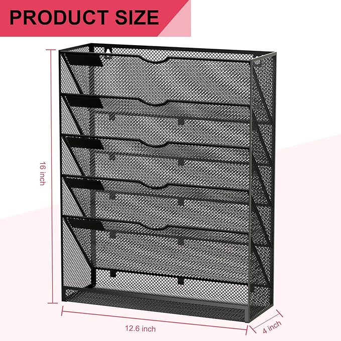 Hanging Wall File Organizer 6 Tier Wall Mounted Mail Paper Folder Holder Document Organization Stand, Vertical Desk Magazine Rack for Office Home Cubicle Countertop, Black