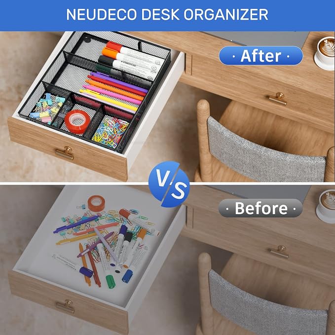 Neudeco Desk Drawer Organizer, 4 Pack Metal Mesh, Black | Adjustable Dividers, Stackable, Pen Organizer, Office Supplies Organizer