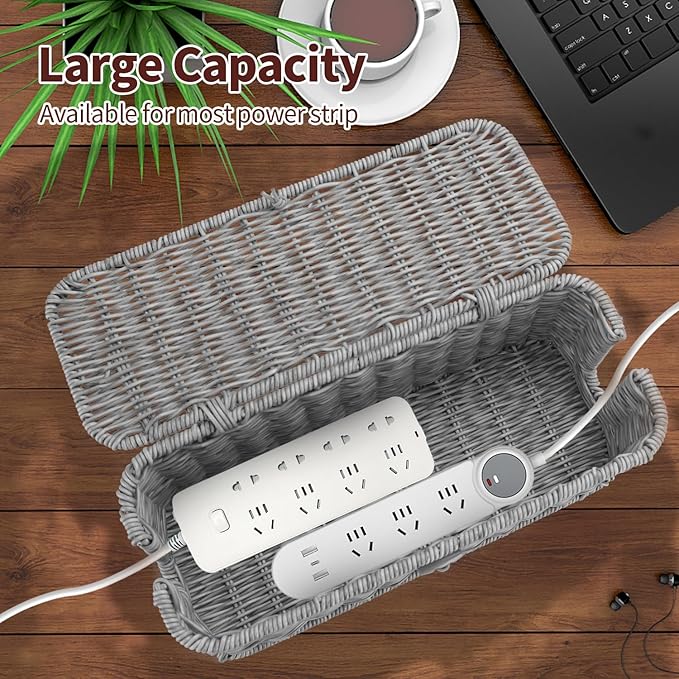 Cable Management Box, Desk Handwoven Rattan Cord Hider Cable Organizer Box With Lid Button Lock, Power Strip Cover Wicker Decorative Basket, Floor Wire Hiding Extension Cord Box (grey)