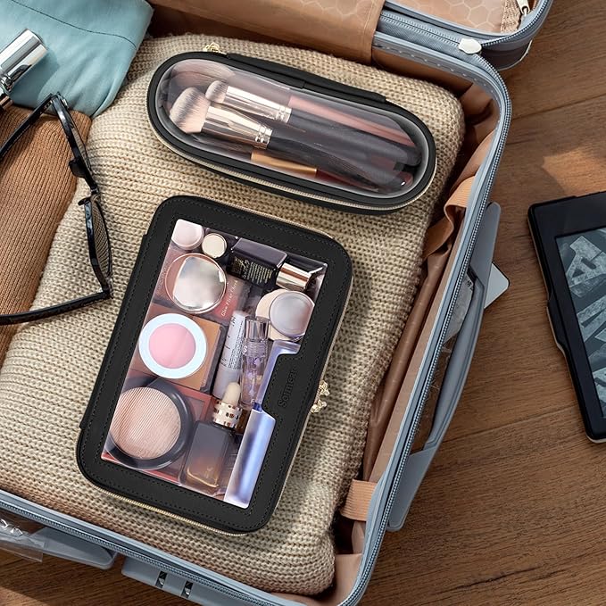 Soimeat Travel Clear Makeup Bag with Makeup Brush Bag, Leather Makeup Case Toiletry Bag, Portable Cosmetic Bag Case, Transparent Waterproof Cosmetic Organizer Storage Bag for Women, Medium, Black