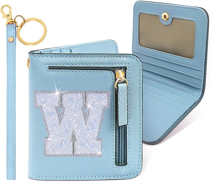 COSHAYSOO Small Wallet for Women Teenager Girl Personalized Initial Gift Preppy Letter Monogrammed Patch Mini Purse Waterproof for Travel Credit ID Cards Cash Holder Novelty Organizer Blue W