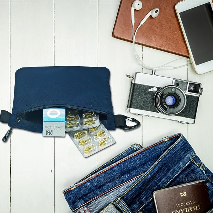 YUMQUA Small Zipper Pouch with Carabiner Clip, Small Nylon Pouch Water-Resistant Travel Bag with Zipper Multipurpose Digital Cosmetics Toiletry Bag Tools Storage, Dark Blue