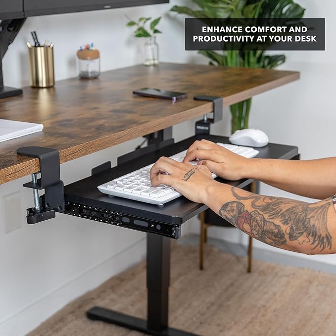 Mount-It! 24” Clamp-On Under Desk Keyboard Tray, Slide-Out Keyboard Drawer for Desk, Ergonomic Pull-Out Platform with Smooth Gliding Tracks, No-Drill C-Clamp Mount, Under Desk Keyboard Holder