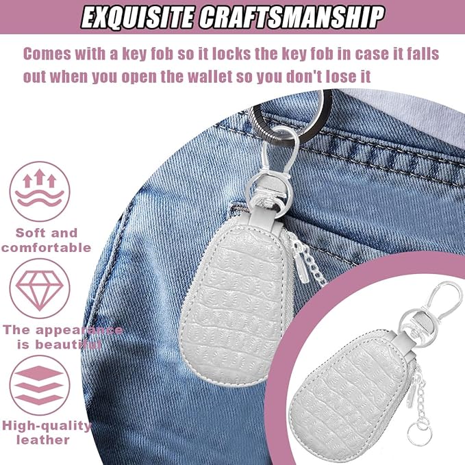 Leather Car Keychain Case Holder - Keyring Zipper Bag Auto Key Fob Cover Case with Metal Hook - Car Key Case Smart Key Fob Protector for Remote Key Fob (White)
