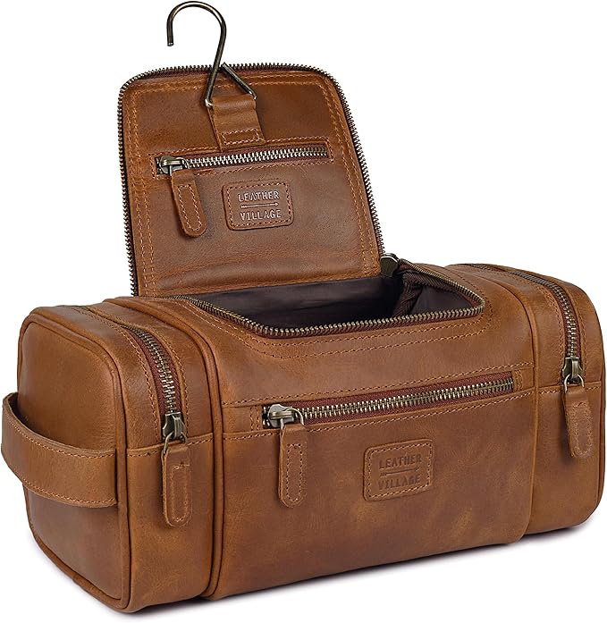 LEATHER VILLAGE Genuine Leather Travel Dopp Kit for Men & Women – Large Capacity Hanging Toiletry Bag with Water-Resistant Lining – Ideal for Travel, Grooming & Gym - Tan