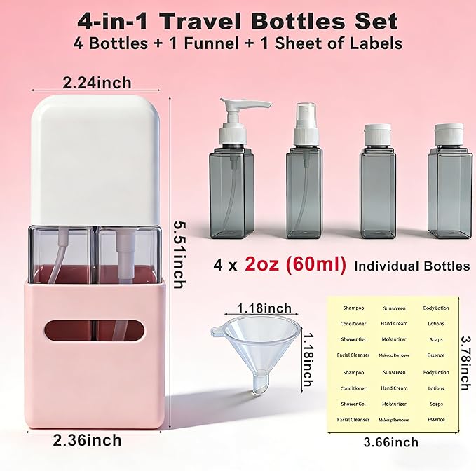 4-in-1 Square Refillable Cosmetic Container Kit, Leak Proof Portable Travel Toiletry Bottles, TSA Approved Travel bottles, Empty Jars for Cosmetics Lotion Shampoo (Light Pink)