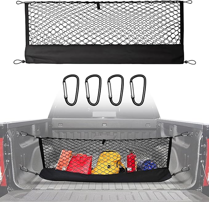 Truck Bed Cargo Net for GMC Sierra 1500 & Chevy Silverado 1500 2013-2024, Envelope Style Pickup Cargo Net with Storage Bag, Heavy Duty Elastic Mesh Organizer with Carabiners, Secures Groceries & Gear