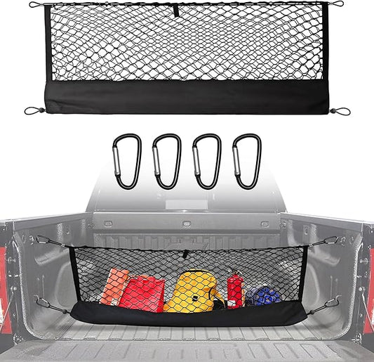 Truck Bed Cargo Net for GMC Sierra 1500 & Chevy Silverado 1500 2013-2024, Envelope Style Pickup Cargo Net with Storage Bag, Heavy Duty Elastic Mesh Organizer with Carabiners, Secures Groceries & Gear