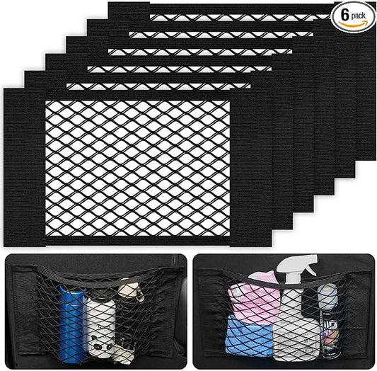 AOOWU Universal Mesh Cargo Net 6 Pack, Small Elastic Net Pocket Storage with Magic Adhesive, Wall Sticker Organizer Pouch Bags, Car Trunk Organizer Holder Netting Bag for Rv Automotive SUV Truck Boat