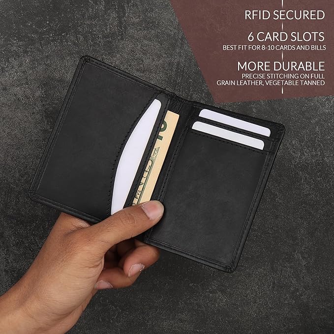 FOXHACKLE Full Grain Leather Credit Card Holder for Men and Women, Slim Bifold RFID Blocking Wallet, Thin Front Pocket Minimalist Wallet, Small Card Case.