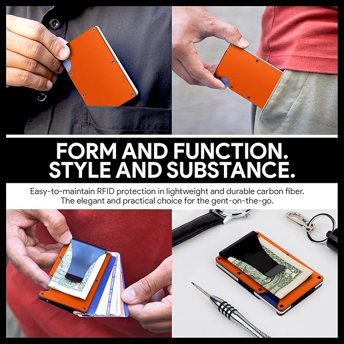 Slim Wallet for Men,RFID Blocking Minimalist Metal Wallet, Money Clip/Cash Holder, Front Pocket Aluminum Credit Card Holder, Ideal Gift for Men,Matte Orange