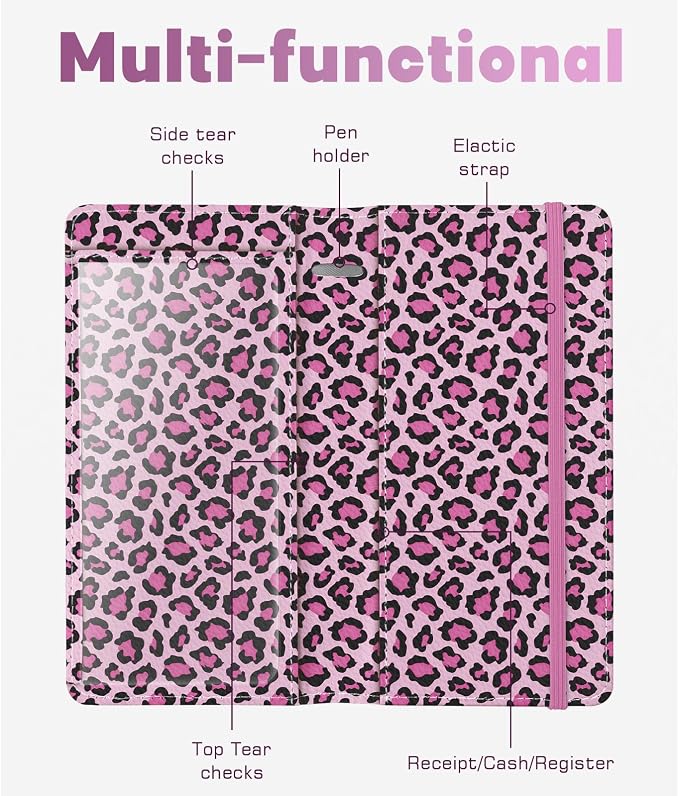 Checkbook Cover for Men Women, Premium Leather Checkbook Holder with RFID Blocking and Built in Clear Plastic Divider for Personal and Business Checks (Leopard-Pink)
