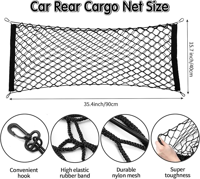 Tallew 2 Pcs Car Rear Cargo Net, Adjustable Elastic Mesh Cargo Net, 3 Pocket Heavy Duty Trunk Bed Storage Organizer, Universal for Car SUV Vehicle Pickup Truck with Accessories(35.4 x 15.7 inches)