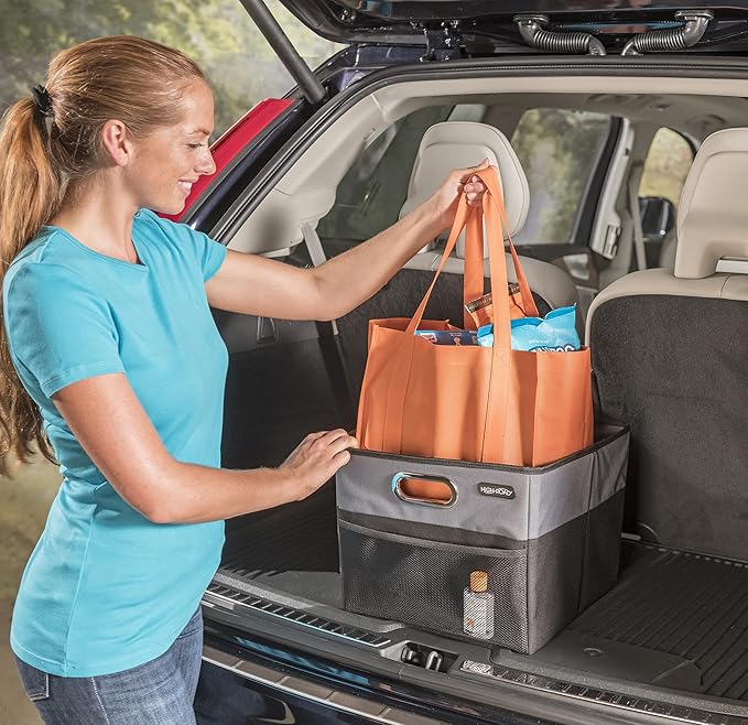 High Road CargoCube Car Storage Bin - Leakproof Car Trunk Storage Organizer with Metal Handles and Front Mesh Pocket (Square)