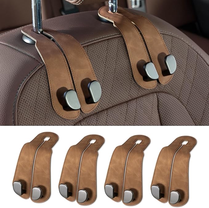 CoBak Purse Hook for Car - Universal Premium Stitched Leather and Aluminum-Magnesium Alloy Double Car Seat Back Storage Hook for Purses, Handbags, Bags (4 Pack),Brown