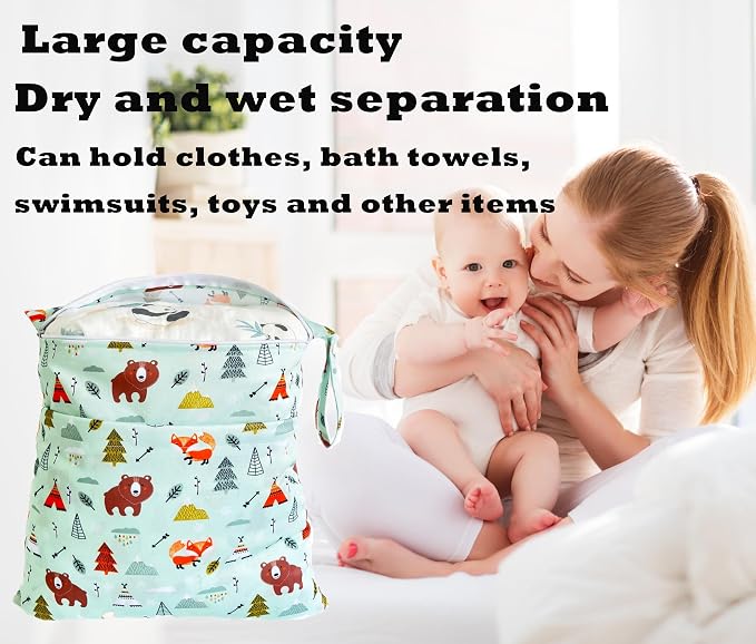 Wet Dry Bag for Cloth Diapers, 2PCS Waterproof Reusable Wet Bag with Zippered Pockets, Washable, Reusable for Travel, Beach, Pool, Stroller, Diapers, Dirty Gym Clothes, Swimsuits, 14x12In & 12x11In