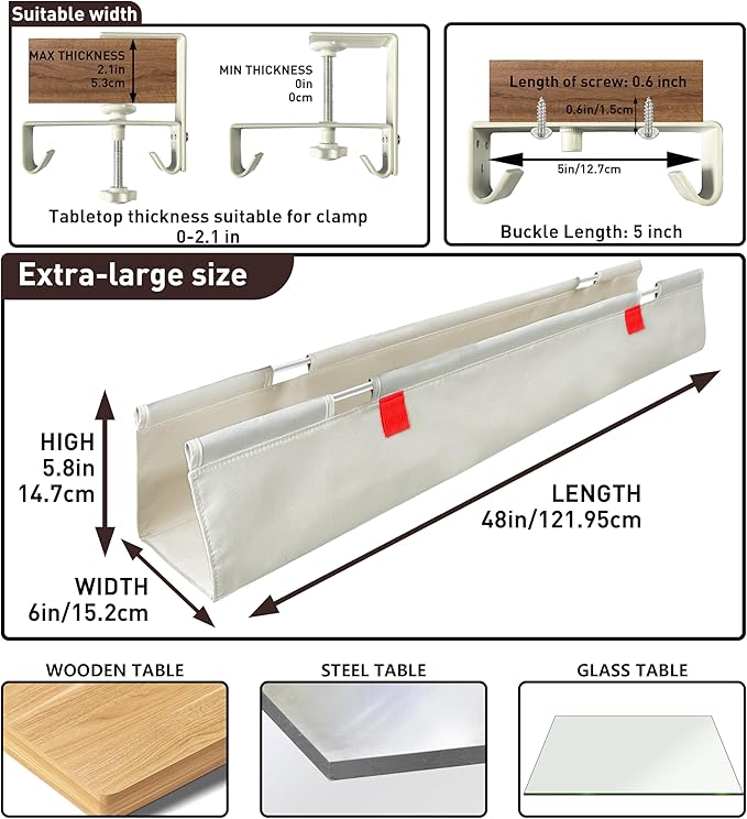 [Upgraded] Under Desk Cable Management, 48" Cord Organizer, with Silicone Pads (No Scratch!), 16 Cable Ties, Washable PE Honeycomb Base,Fits Any Desk 0-2.1", No Stinky Cardboard!Beige 48"L x 6"W