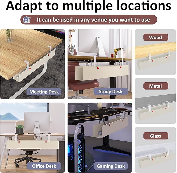 36" Under Desk Cable Management Tray for Home Office, No Drill Cord Organizer for Glass & Wood Table, Anti-Sag Oxford Fabric Wire Management Hider, Fits Surge Protector (Beige, 35.8")