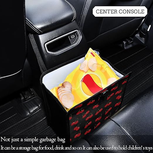 Red Cherry Car Trash Can Fruit Black Foldable Hanging Car Trash Bag Bin Auto Garbage Can Leak-Proof Car Organizer(Large)