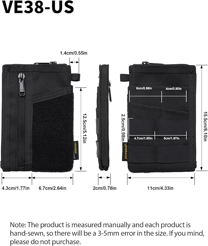 VIPERADE VE38 EDC Pocket Organizer, Slim EDC Wallet with 2 Zipper Pockets, EDC Pouch - 3 EDC Slots with 1 Larger Pocket for Flashlight, Multitool, Pen, Notebook