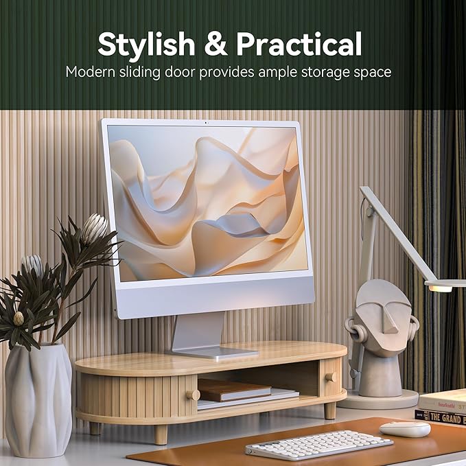 Bamboo Monitor Stand with Storage, Curved Computer Laptop Stand Desk Shelf Organizer with Sliding Doors (25 inch)