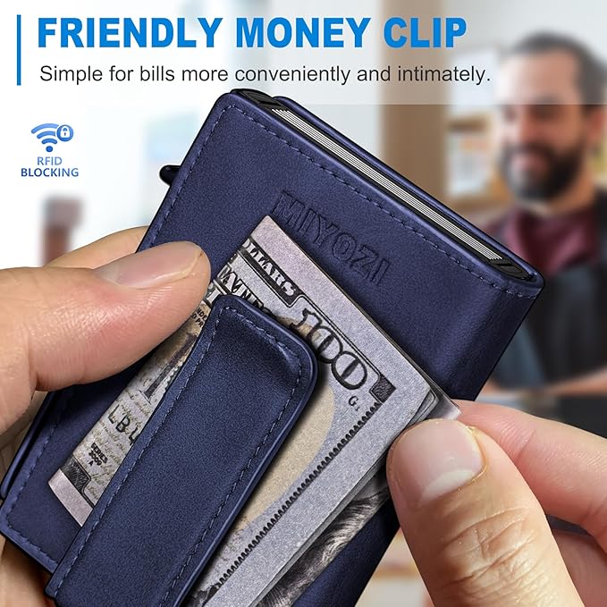 miyozi Wallet for Men with Money Clip Coins Pocket ID Window Gift Boxed,Slim Smart Front Pocket RFID Blocking Wallet Pop-up Card Holder in Magnetic Leather Flip 3.9"x 2.7"