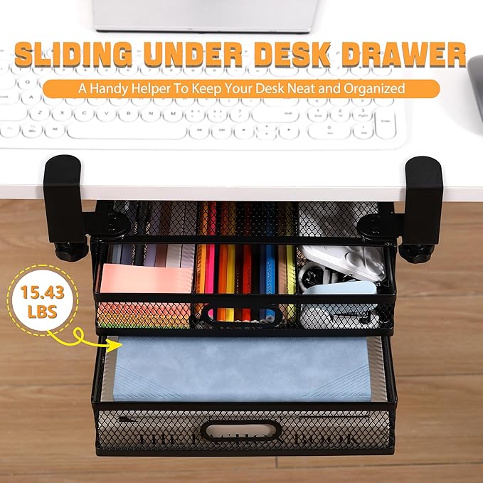 Sliding Under Desk Drawer Organizer No Drilling 2 Drawers Slide Out Desktop Or Under Table Storage Metal Clamp On Desk Drawer Attachment Anti-Slip Under Desk Organizer for Home & Office