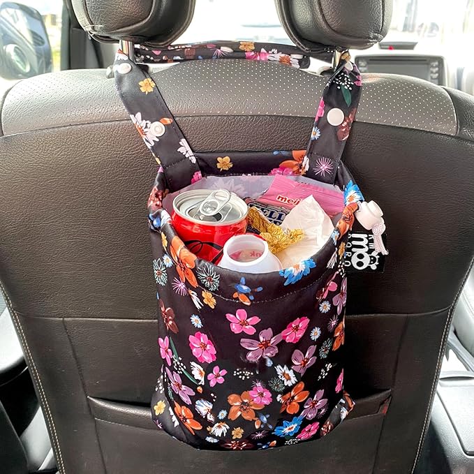Waterproof Car Trash Bag Reusable Portable Garbage Can with Drawstring Top Adjustable Hanging Strap Leakproof & Washable for Cars SUVs & Trucks (Small Flowers)