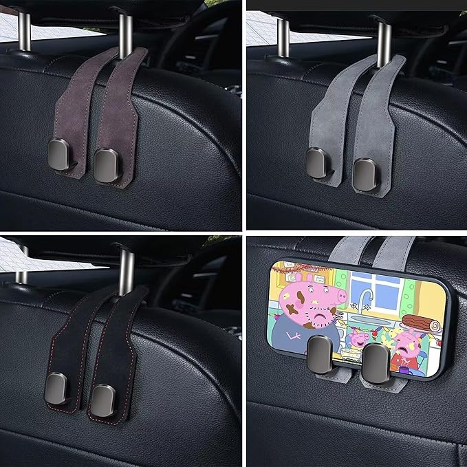 Car Headrest Hook 2 Pack, Premium Leather Car Purse Hooks, Heavy Duty Seat Back Organizer for Handbags, Groceries & Bags, No Scratch, Easy Install Car Accessories (2, Grey)