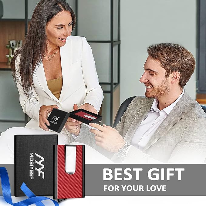 MOSIYEEF Minimalist Wallet for Men, RFID Blocking Card Wallet for Men, Card Holder with Money Clip with Leather Wrapped, Slim Front Pocket Automatic Pop Up Wallet Gifts for Men, Passion Red