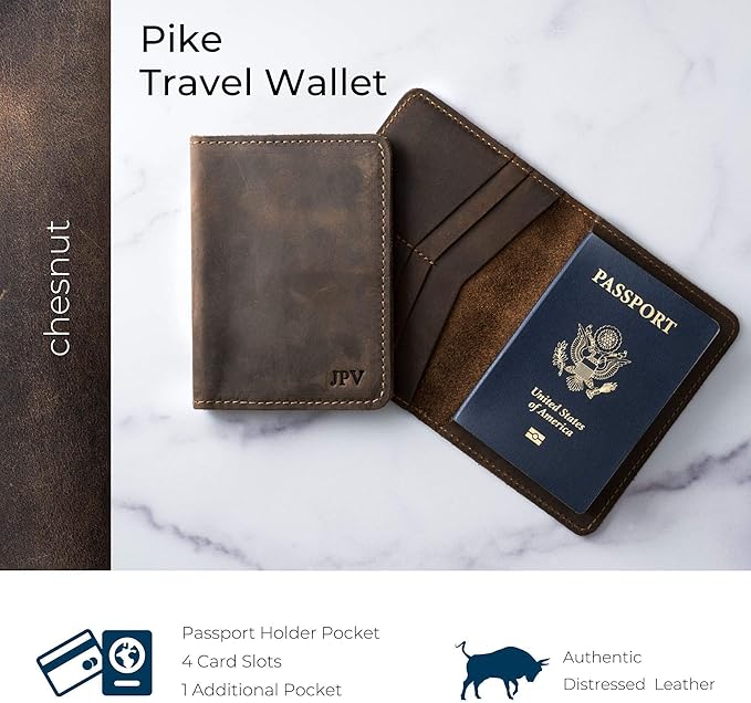 PEGAI Personalized Leather, Passport Holder For Travel | Handmade Passport Wallet Cover Case | Travel Document Holder, Passport Cover for Men, Women, and Family | Pike (Chestnut Brown)