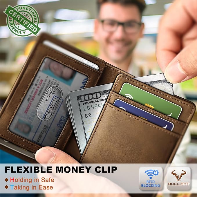 BULLIANT Slim Wallet For Men 12Cards,Magnetic Flip Build-in Money Clip Airtag Compatible-RFID Blocking