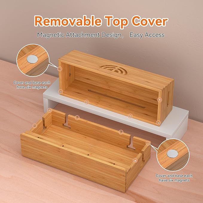Bamboo Cable Management Box, Natural Color, 31X14X15.5CM, Cable Organizer Box for Desk with Conceal Power Cords and Power Strips, Suitable for Living Rooms, bedrooms, Offices and More