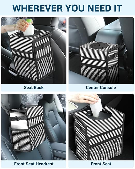 Capolo Car Trash Can with Lid, Leakproof Car Trash Bag Hanging Waterproof Automotive Garbage Can with Storage Pockets Mini Vehicle Trash Bin for Back/Front Seat(Stripe,2.5 Gallon)