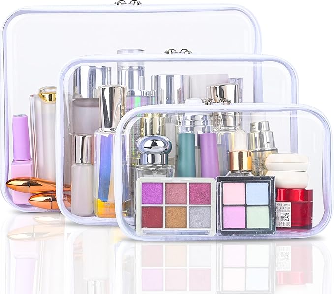 Clear Hard Shell Zipper Case Set of 3 – Waterproof Transparent Makeup and Toiletry Organizers, Multi-Purpose PVC Pouches for Travel, Cosmetics, Diaper Bags, Kids Toys & Office Supplies (SML)