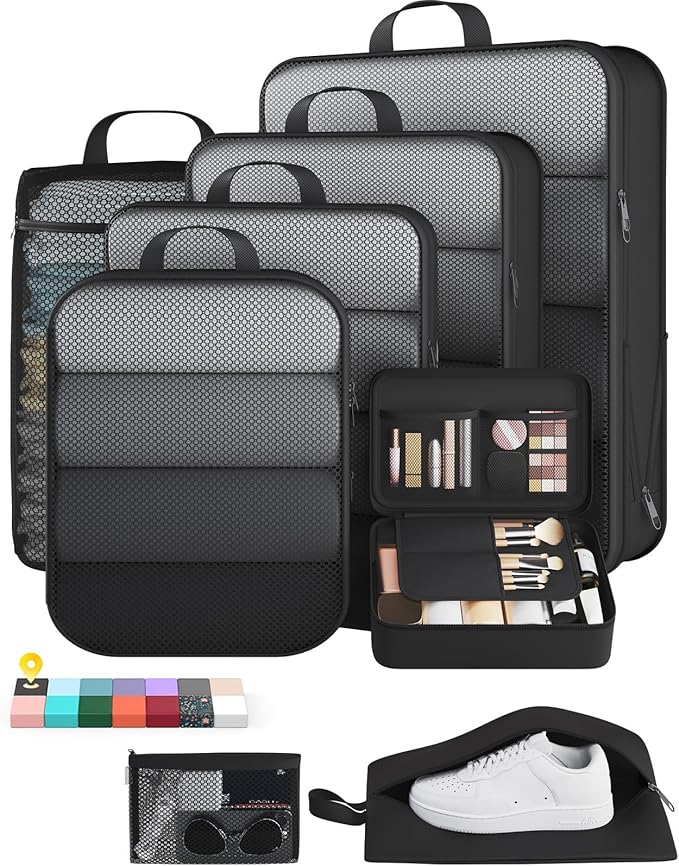Veken 8 Set Compression Packing Cubes for Travel Essentials,Compressible Expandable Large Luggage Suitcase Organizer Bags for Clothing,Durable Space Saver Storage Bags with Makeup Bag(Black)